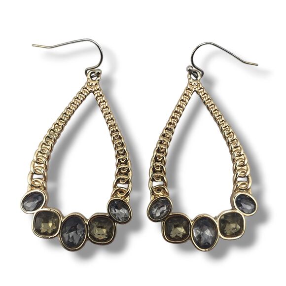 Gold Tone Teardrop Dangle Drop Hook Earrings Gray Golden Faceted Rhinestones - Picture 2 of 7